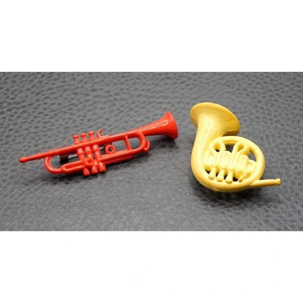 VTG Trumpet & French Horn Music Instrument Red Yellow Plastic Brooch Pin Set